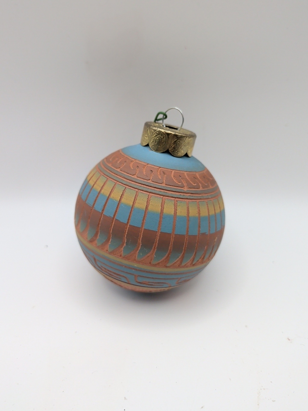Native American Navajo Etched Clay Pottery Christmas Ornament Blue Bulb & Signed